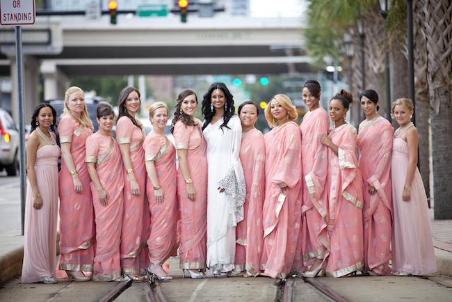 9a indian wedding bride and pink bridesmaid saris