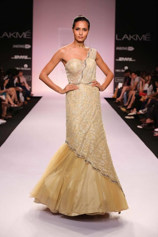 Jyotsna Tiwari Lakme Fashion Week Summer 2014 gold butter yellow Indian one shoulder dress