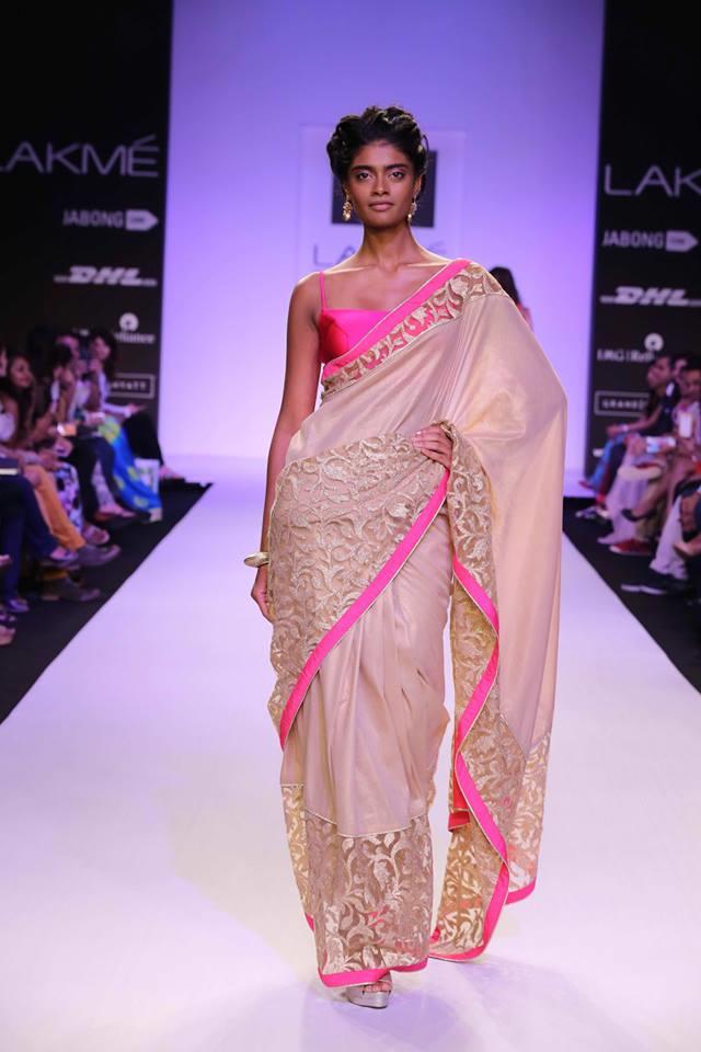Mandira Bedi Lakme Fashion Week Summer 2014 hot pink and cream ivory sari