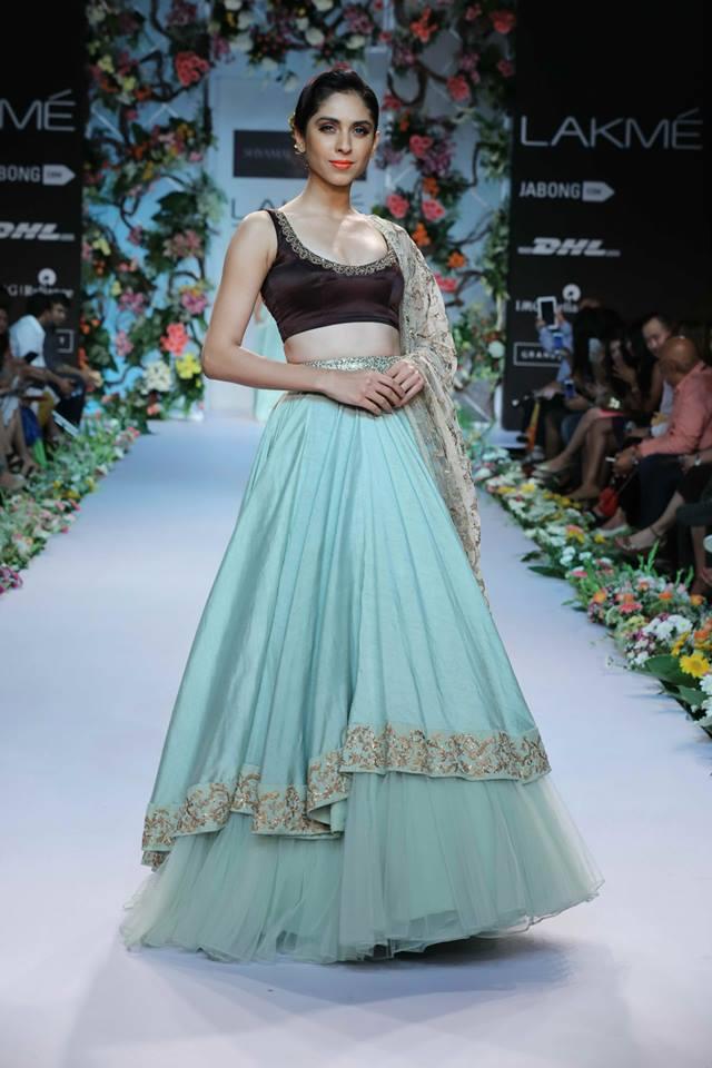 Shyamal & Bhumika Lakme Fashion Week Summer Resort 2014 blue brown lehnga tulle