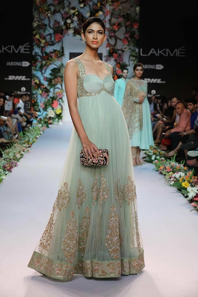 Shyamal & Bhumika Lakme Fashion Week Summer Resort 2014 Indian wedding sea green and gold fusion dress