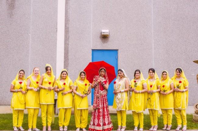 7sikh indian wedding yellow bridesmaid salwar kameez red lenha