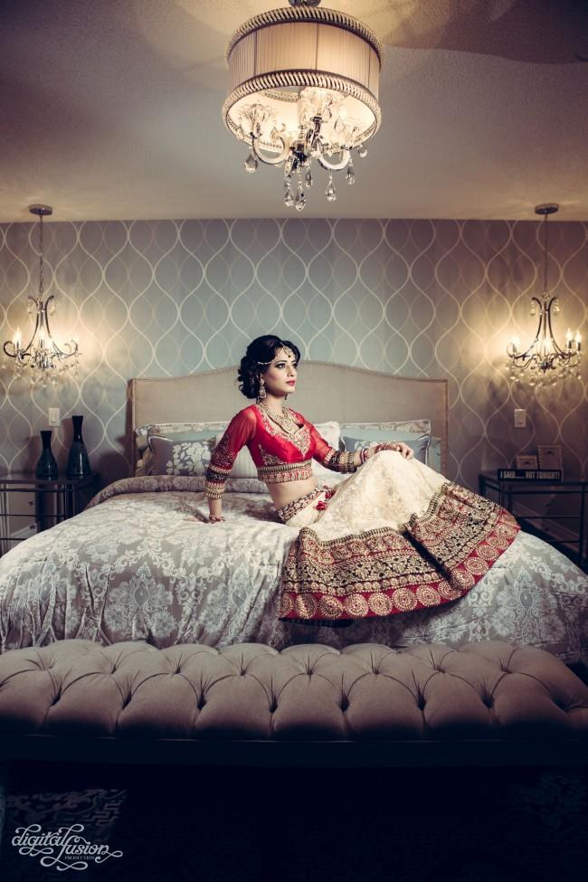 indian bridal shoot bedroom pose