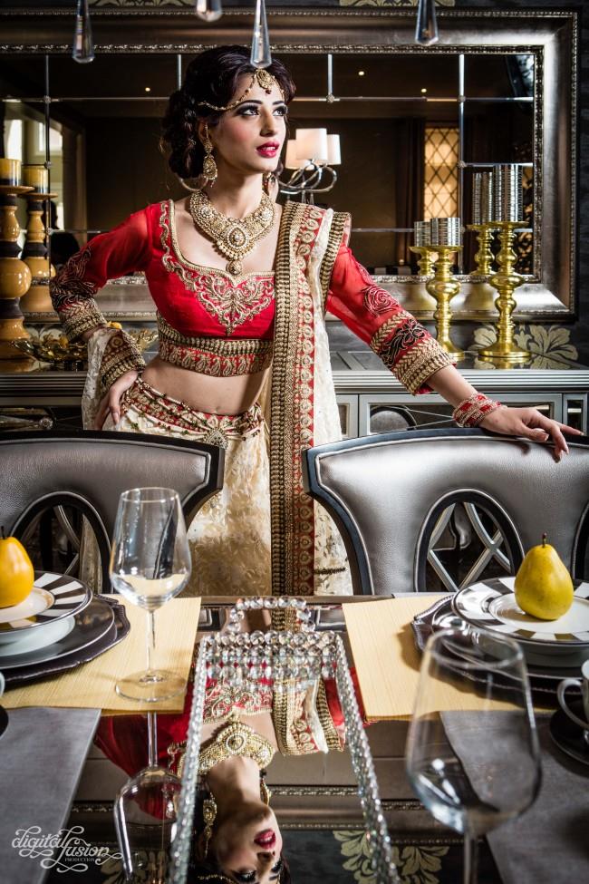 indian bridal shoot red and cream lengha