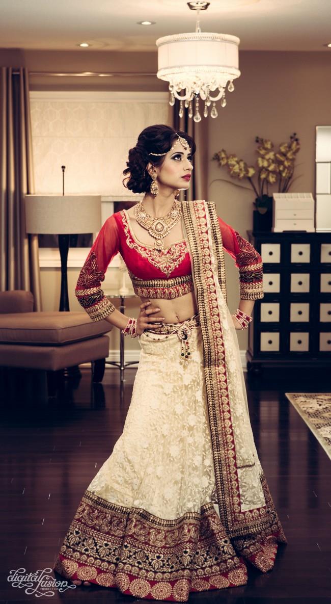 indian bridal shoot red and white bridal lengha