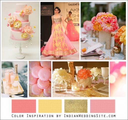 grapefruit-pink-butter-yellow-and-gold-palette-indian-wedding-color-inspiration Grapefruit Pink, Butter Yellow and Gold Palette - Indian Wedding Color Inspiration
