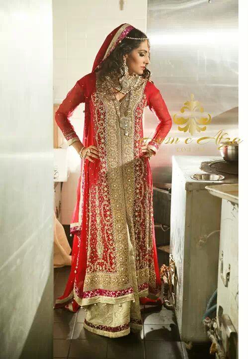 husn e afza couture bridal anarkali gold red
