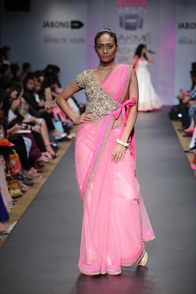 Anushree Reddy Lakme Fashion Week Summer Resort 2014 pink and gold wrap jacket blouse sari