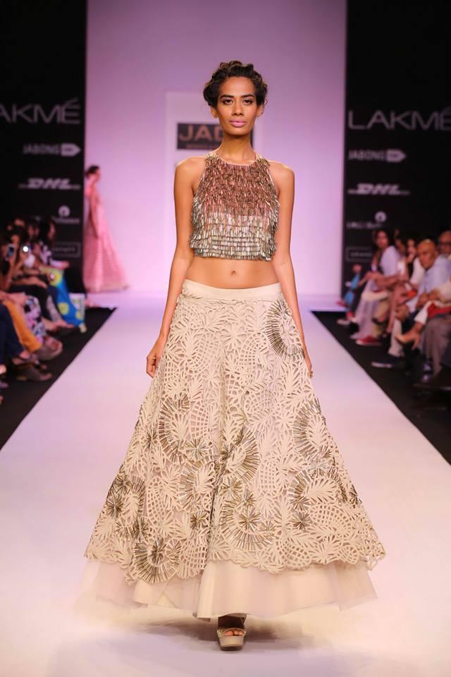 JADE by Monica and Karisma at Lakme Fashion Week Summer Resort 2014 cropped top white lehnga