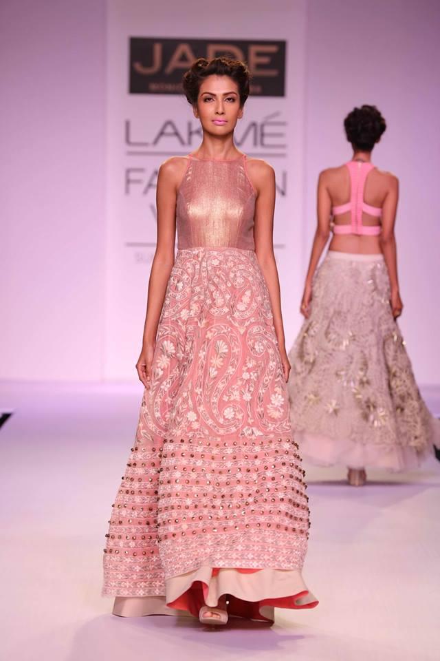 JADE by Monica and Karisma at Lakme Fashion Week Summer Resort 2014 pink dress gown with border