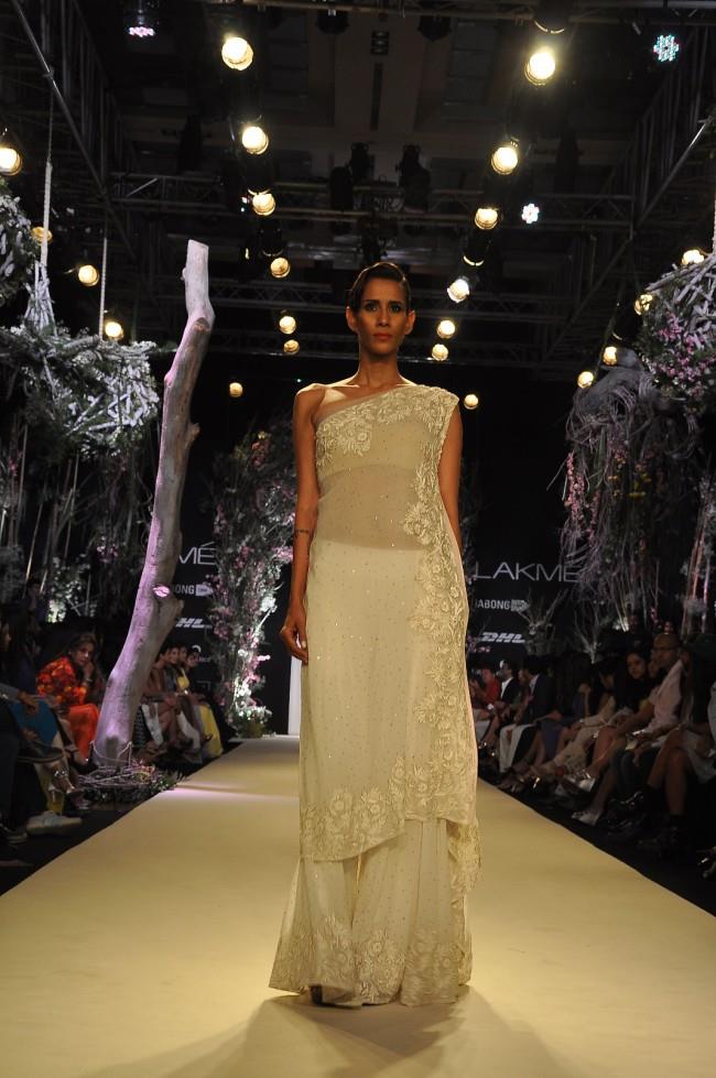 Lakme Summer Resort 2014 Manish Malhotra white beige sheer one shoulder lehnga