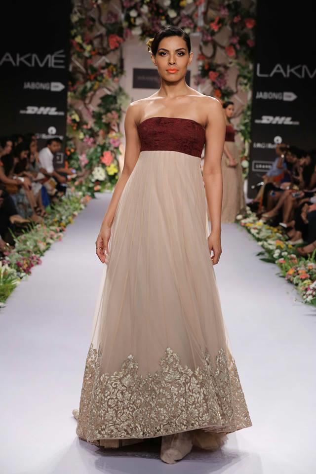 Shyamal & Bhumika Lakme Fashion Week Summer Resort 2014 maroon brown strapless Indian wedding fusion dress