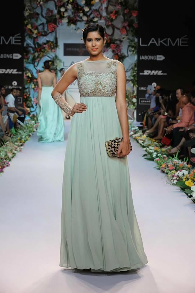Shyamal & Bhumika Lakme Fashion Week Summer Resort 2014 sea green blue Indian fusion wedding dress