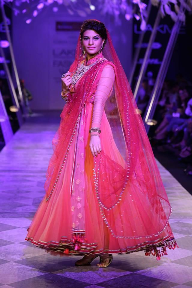 Tarun Tahiliani Lakme Fashion Week Summer Resort 2014 Jaqueline Fernandez in Indian bridal pink suit