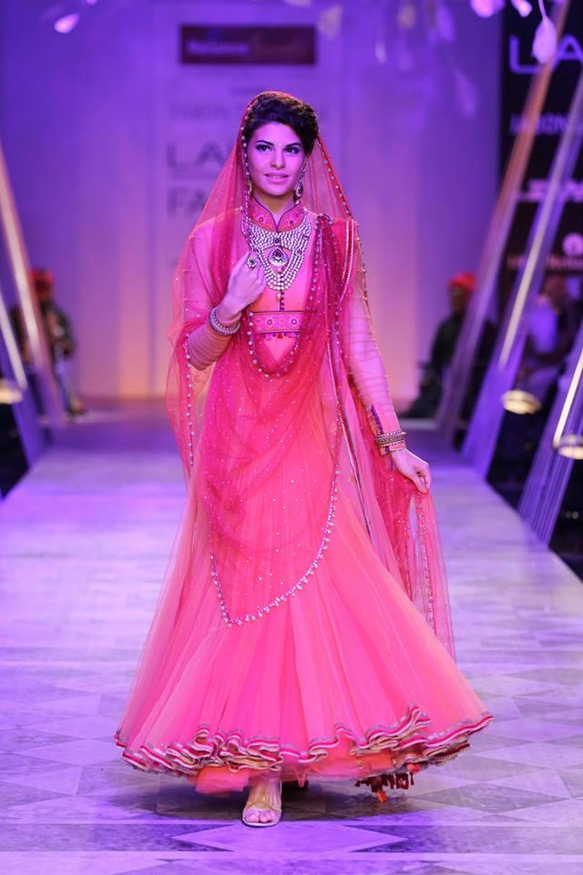 Tarun Tahiliani Lakme Fashion Week Summer Resort 2014 Jaqueline Fernandez in red bridal anarkali suit