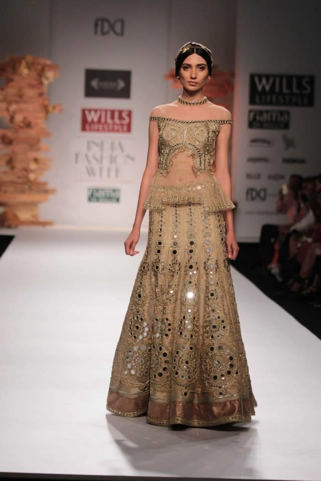 Soltee by Sulakshana Monga Wills Lifestyle India Fashion Week 2014 gold mirror work lehnga