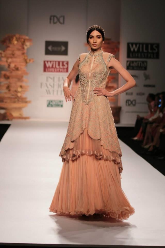 Soltee by Sulakshana Monga Wills Lifestyle India Fashion Week 2014 pink beige layered lehnga